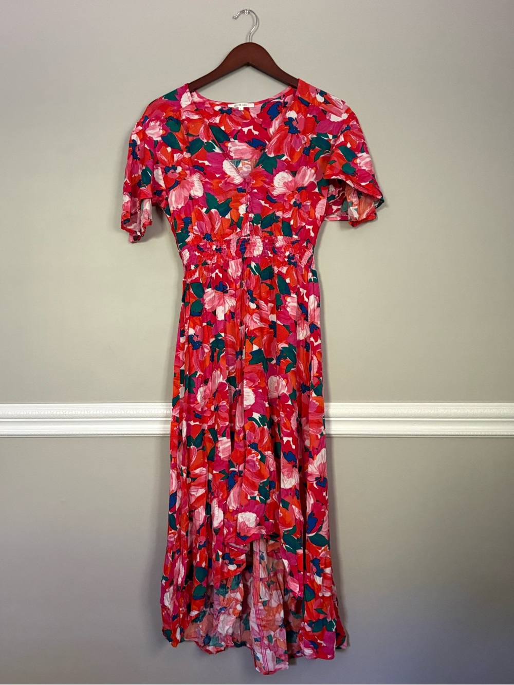 Abel the Label Pink Floral High Low Midi Dress L Flutter Sleeve Smocked Waist - Picture 3 of 9